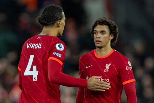 LIVERPOOL, ENGLAND - Friday, March 4, 2022: Liverpool's Trent Alexander-Arnold (R) and Virgil van Dijk after the FA Premier League match between Liverpool FC and West Ham United FC at Anfield. Liverpool won 1-0. (Pic by David Rawcliffe/Propaganda)