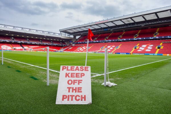 A 'Keep off the pitch' sign at Anfield on matchday (Pic by David Rawcliffe/Propaganda)