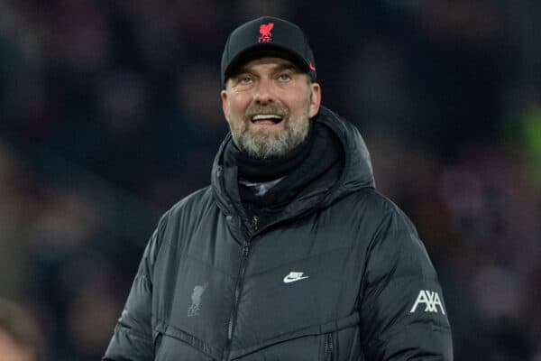 LIVERPOOL, ENGLAND - Tuesday, March 8, 2022: Liverpool's manager Jürgen Klopp during the pre-match warm-up before the UEFA Champions League Round of 16 2nd Leg game between Liverpool FC and FC Internazionale Milano at Anfield. Liverpool won the tie 2-1 on aggregate after a 1-0 defeat. (Pic by David Rawcliffe/Propaganda)