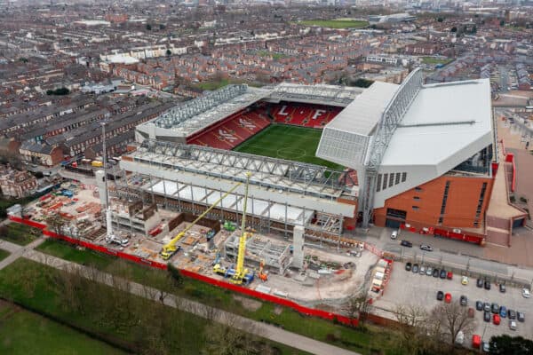 LIVERPOOL, ENGLAND - Thursday, March 10, 2022: Work continues at the Anfield Road stand construction site as Liverpool Football Club issues an update on the progress of the new stand that will add 7148 new seats to the Anfield Stadium bringin the capacity 61,015. (Pic by David Rawcliffe/Propaganda)