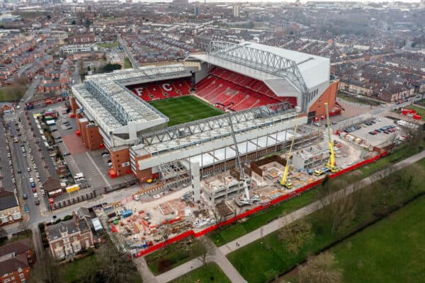 LIVERPOOL, ENGLAND - Thursday, March 10, 2022: Work continues at the Anfield Road stand construction site as Liverpool Football Club issues an update on the progress of the new stand that will add 7148 new seats to the Anfield Stadium bringin the capacity 61,015. (Pic by David Rawcliffe/Propaganda)