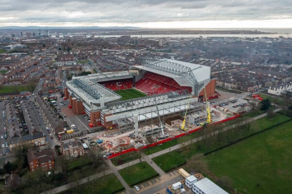 LIVERPOOL, ENGLAND - Thursday, March 10, 2022: Work continues at the Anfield Road stand construction site as Liverpool Football Club issues an update on the progress of the new stand that will add 7148 new seats to the Anfield Stadium bringin the capacity 61,015. (Pic by David Rawcliffe/Propaganda)