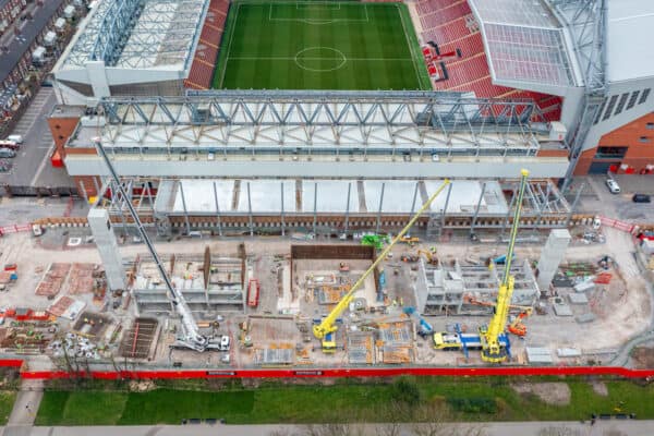 LIVERPOOL, ENGLAND - Thursday, March 10, 2022: Work continues at the Anfield Road stand construction site as Liverpool Football Club issues an update on the progress of the new stand that will add 7148 new seats to the Anfield Stadium bringin the capacity 61,015. (Pic by David Rawcliffe/Propaganda)