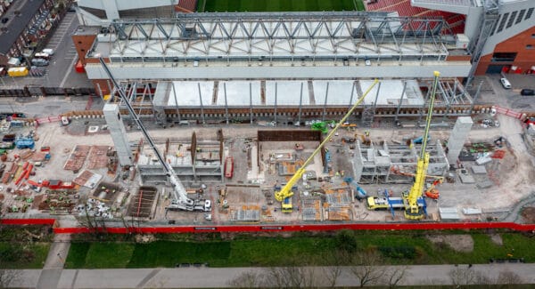 LIVERPOOL, ENGLAND - Thursday, March 10, 2022: Work continues at the Anfield Road stand construction site as Liverpool Football Club issues an update on the progress of the new stand that will add 7148 new seats to the Anfield Stadium bringin the capacity 61,015. (Pic by David Rawcliffe/Propaganda)