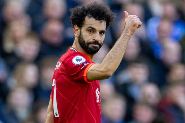 BRIGHTON AND HOVE, ENGLAND - Saturday, March 12, 2022: Liverpool's Mohamed Salah celebrates after scoring the second goal during the FA Premier League match between Brighton & Hove Albion FC and Liverpool FC at the American Express Community Stadium. Liverpool won 2-0. (Pic by David Rawcliffe/Propaganda)