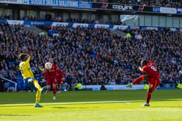 BRIGHTON AND HOVE, ENGLAND - Saturday, March 12, 2022: Liverpool's Naby Keita sees his shot handled by Brighton & Hove Albion's Yves Bissouma for a penalty during the FA Premier League match between Brighton & Hove Albion FC and Liverpool FC at the American Express Community Stadium. Liverpool won 2-0. (Pic by David Rawcliffe/Propaganda)