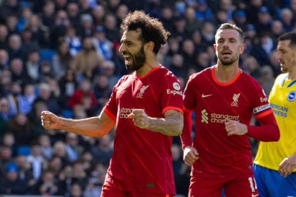 BRIGHTON AND HOVE, ENGLAND - Saturday, March 12, 2022: Liverpool's Mohamed Salah celebrates after scoring the second goal from a penalty kick during the FA Premier League match between Brighton & Hove Albion FC and Liverpool FC at the American Express Community Stadium. Liverpool won 2-0. (Pic by David Rawcliffe/Propaganda)