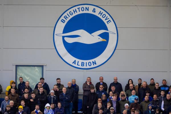 BRIGHTON AND HOVE, ENGLAND - Saturday, March 12, 2022: Brighton & Hove Albion supporters during the FA Premier League match between Brighton & Hove Albion FC and Liverpool FC at the American Express Community Stadium. Liverpool won 2-0. (Pic by David Rawcliffe/Propaganda)