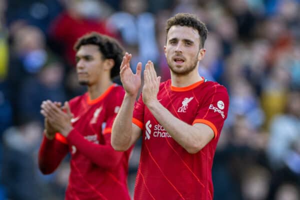 BRIGHTON AND HOVE, ENGLAND - Saturday, March 12, 2022: Liverpool's Diogo Jota applauds the supporters after the FA Premier League match between Brighton & Hove Albion FC and Liverpool FC at the American Express Community Stadium. Liverpool won 2-0. (Pic by David Rawcliffe/Propaganda)