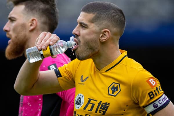 LIVERPOOL, ENGLAND - Sunday, March 13, 2022: Wolverhampton Wanderers' captain Conor Coady drinks water during the FA Premier League match between Everton FC and Wolverhampton Wanderers FC at Goodison Park. Wolverhampton Wanderers won 1-0. (Pic by David Rawcliffe/Propaganda)