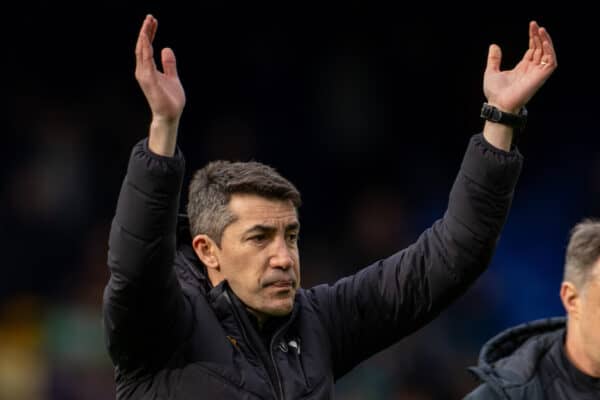 LIVERPOOL, ENGLAND - Sunday, March 13, 2022: Wolverhampton Wanderers' manager Bruno Lage celebrates after the FA Premier League match between Everton FC and Wolverhampton Wanderers FC at Goodison Park. Wolverhampton Wanderers won 1-0. (Pic by David Rawcliffe/Propaganda)