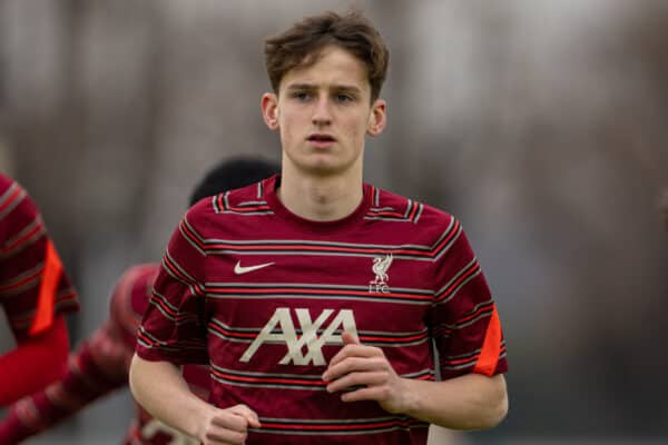 TORINO, ITALY - Tuesday, March 15, 2022: Liverpool's captain Tyler Morton during the pre-match warm-up before the UEFA Youth League Quarter-Final between Juventus Under-19's and Liverpool FC Under-19's at the Juventus Training Centre. Juventus won 2-0. (Pic by David Rawcliffe/Propaganda)