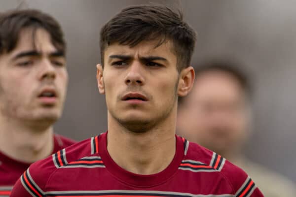 TORINO, ITALY - Tuesday, March 15, 2022: Liverpool's Oakley Cannonier during the pre-match warm-up before the UEFA Youth League Quarter-Final between Juventus Under-19's and Liverpool FC Under-19's at the Juventus Training Centre. Juventus won 2-0. (Pic by David Rawcliffe/Propaganda)