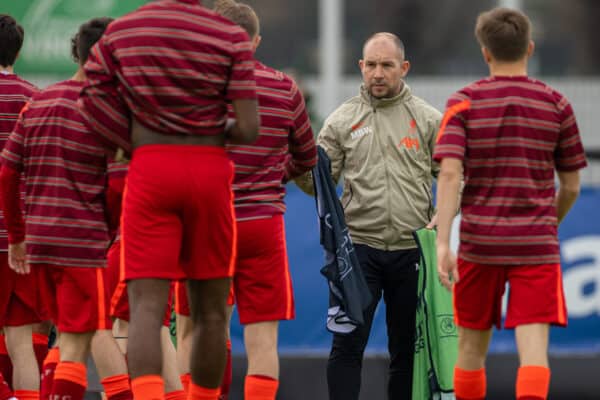 TORINO, ITALY - Tuesday, March 15, 2022: Liverpool's Under-19's manager Marc Bridge-Wilkinson during the pre-match warm-up before the UEFA Youth League Quarter-Final between Juventus Under-19's and Liverpool FC Under-19's at the Juventus Training Centre. Juventus won 2-0. (Pic by David Rawcliffe/Propaganda)