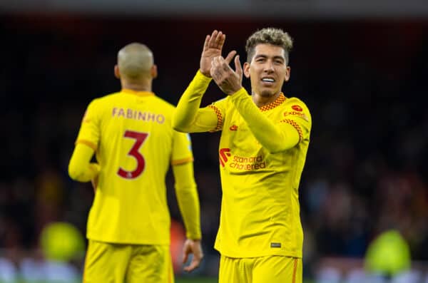 LONDON, ENGLAND - Wednesday, March 16, 2022: Liverpool's goal-scorer Roberto Firmino celebrates after the FA Premier League match between Arsenal FC and Liverpool FC at the Emirates Stadium. Liverpool won 2-0. (Pic by David Rawcliffe/Propaganda)