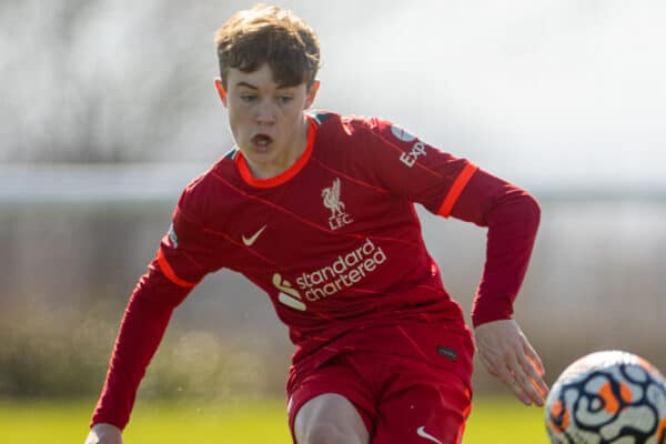 DERBY, ENGLAND - Saturday, March 19, 2022: Liverpool's Tommy Pilling during the Under-18 Premier League match between Derby County FC Under-18's and Liverpool FC Under-18's at Moor Farm Training Centre. (Pic by David Rawcliffe/Propaganda)