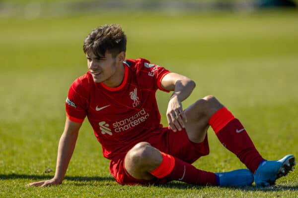 DERBY, ENGLAND - Saturday, March 19, 2022: Liverpool's Oakley Cannonier looks dejected after his shot was saved during the Under-18 Premier League match between Derby County FC Under-18's and Liverpool FC Under-18's at Moor Farm Training Centre. (Pic by David Rawcliffe/Propaganda)