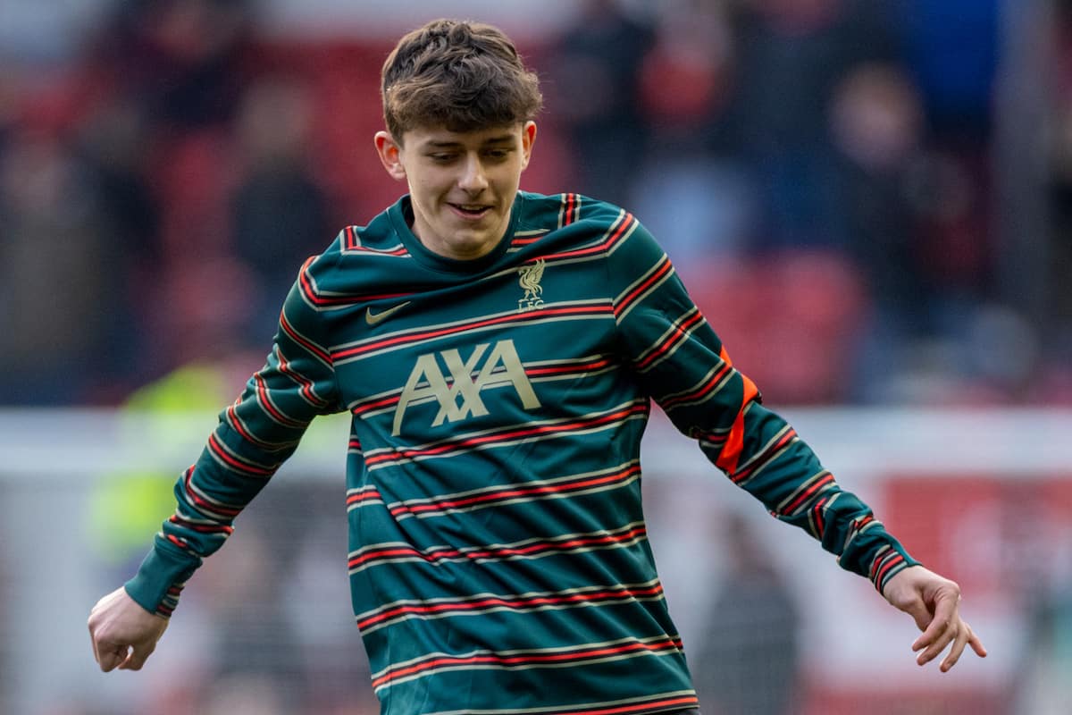 NOTTINGHAM, ENGLAND - Sunday, March 20, 2022: Liverpool's Owen Beck during the pre-match warm-up before the FA Cup Quarter-Final match between Nottingham Forest FC and Liverpool FC at the City Ground. Liverpool won 1-0. (Pic by David Rawcliffe/Propaganda)