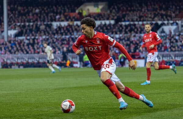 NOTTINGHAM, ENGLAND - Sunday, March 20, 2022: Nottingham Forest's Brennan Johnson during the FA Cup Quarter-Final match between Nottingham Forest FC and Liverpool FC at the City Ground. Liverpool won 1-0. (Pic by David Rawcliffe/Propaganda)