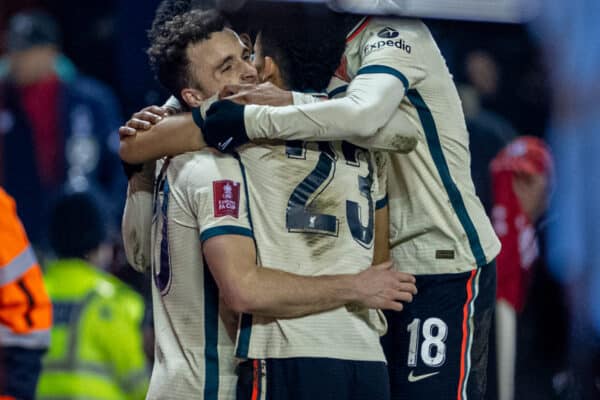 NOTTINGHAM, ENGLAND - Sunday, March 20, 2022: Liverpool's Diogo Jota celebrates after scoring the first goal during the FA Cup Quarter-Final match between Nottingham Forest FC and Liverpool FC at the City Ground. Liverpool won 1-0. (Pic by David Rawcliffe/Propaganda)