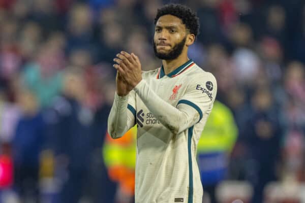 NOTTINGHAM, ENGLAND - Sunday, March 20, 2022: Liverpool's Joe Gomez applauds the supporters after the FA Cup Quarter-Final match between Nottingham Forest FC and Liverpool FC at the City Ground. Liverpool won 1-0. (Pic by David Rawcliffe/Propaganda)