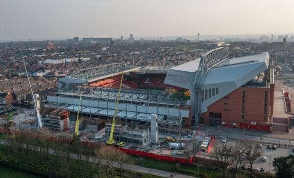 LIVERPOOL, ENGLAND - Wednesday, March 23, 2022: An aerial view of Anfield, the home stadium of Liverpool Football Club. The image shows the ongoing construction of the new Anfield Road stand. (Pic by David Rawcliffe/Propaganda)