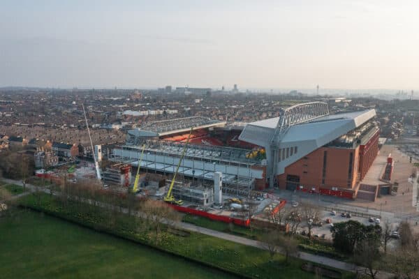 LIVERPOOL, ENGLAND - Wednesday, March 23, 2022: An aerial view of Anfield, the home stadium of Liverpool Football Club. The image shows the ongoing construction of the new Anfield Road stand. (Pic by David Rawcliffe/Propaganda)