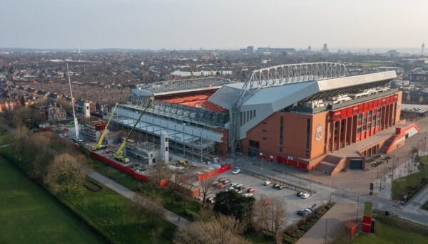 LIVERPOOL, ENGLAND - Wednesday, March 23, 2022: An aerial view of Anfield, the home stadium of Liverpool Football Club. The image shows the ongoing construction of the new Anfield Road stand. (Pic by David Rawcliffe/Propaganda)