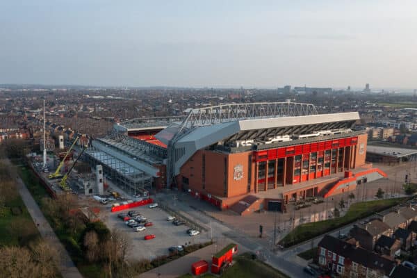 LIVERPOOL, ENGLAND - Wednesday, March 23, 2022: An aerial view of Anfield, the home stadium of Liverpool Football Club. The image shows the ongoing construction of the new Anfield Road stand. (Pic by David Rawcliffe/Propaganda)