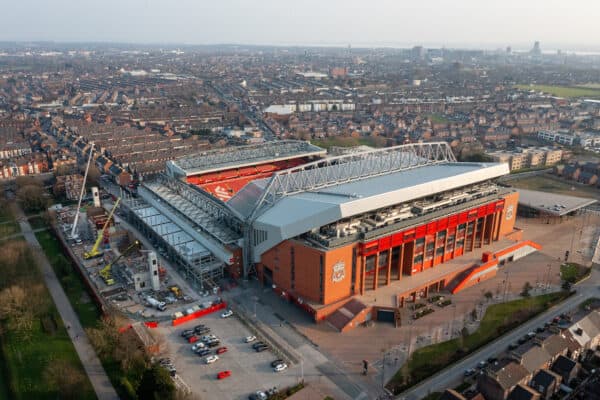 LIVERPOOL, ENGLAND - Wednesday, March 23, 2022: An aerial view of Anfield, the home stadium of Liverpool Football Club. The image shows the ongoing construction of the new Anfield Road stand. (Pic by David Rawcliffe/Propaganda)