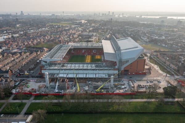 LIVERPOOL, ENGLAND - Wednesday, March 23, 2022: An aerial view of Anfield, the home stadium of Liverpool Football Club. The image shows the ongoing construction of the new Anfield Road stand. (Pic by David Rawcliffe/Propaganda)