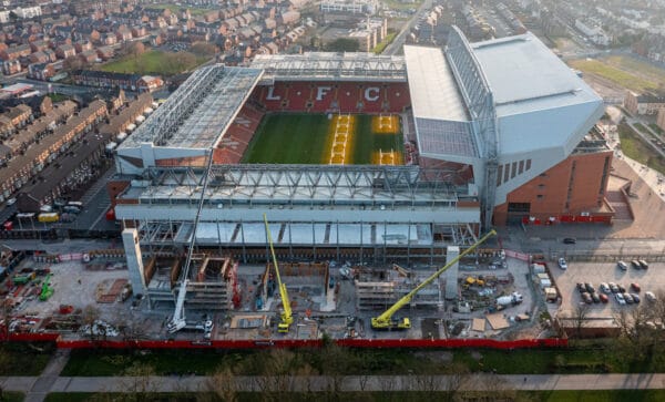 LIVERPOOL, ENGLAND - Wednesday, March 23, 2022: An aerial view of Anfield, the home stadium of Liverpool Football Club. The image shows the ongoing construction of the new Anfield Road stand. (Pic by David Rawcliffe/Propaganda)