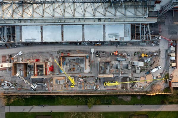 LIVERPOOL, ENGLAND - Wednesday, March 23, 2022: An aerial view of Anfield, the home stadium of Liverpool Football Club. The image shows the ongoing construction of the new Anfield Road stand. (Pic by David Rawcliffe/Propaganda)