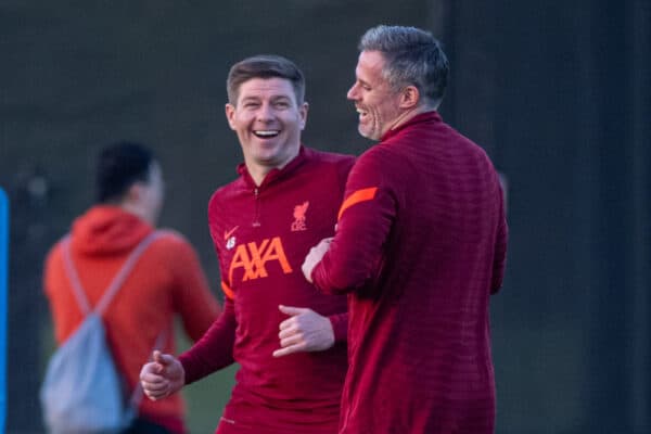 LIVERPOOL, ENGLAND - Friday, March 25, 2022: Steven Gerrard (L) and Jamie Carragher during an open training session at the AXA Training Centre ahead of the Legends game between Liverpool FC and FC Barcelona. (Pic by David Rawcliffe/Propaganda)