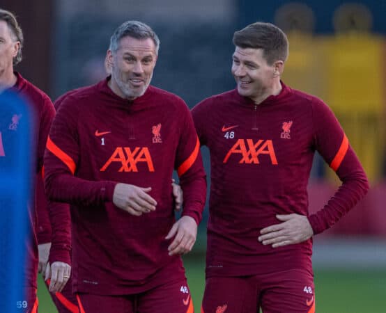 LIVERPOOL, ENGLAND - Friday, March 25, 2022: Jamie Carragher (L) and Steven Gerrard during an open training session at the AXA Training Centre ahead of the Legends game between Liverpool FC and FC Barcelona. (Pic by David Rawcliffe/Propaganda)