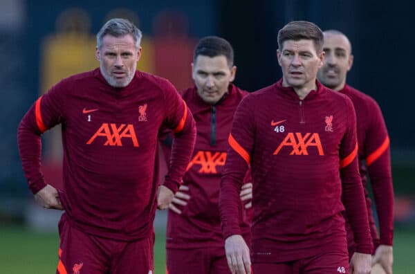 LIVERPOOL, ENGLAND - Friday, March 25, 2022: Jamie Carragher (L) and Steven Gerrard during an open training session at the AXA Training Centre ahead of the Legends game between Liverpool FC and FC Barcelona. (Pic by David Rawcliffe/Propaganda)