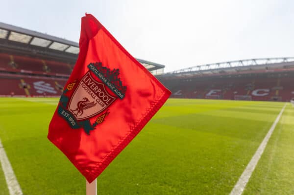 LIVERPOOL, ENGLAND - Saturday, March 26, 2022: The Liverpool crest on the corner flag piuctured before the LFC Foundation friendly match between Liverpool FC Legends and FC Barcelona Legends at Anfield. (Pic by Paul Currie/Propaganda)