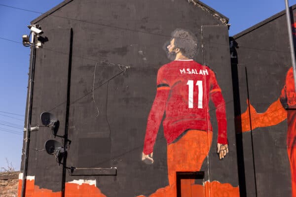 LIVERPOOL, ENGLAND - Monday, March 28, 2022: A street art mural of Liverpool's Mohamed Salah in Anfield Road, Liverpool. (Pic by David Rawcliffe/Propaganda)