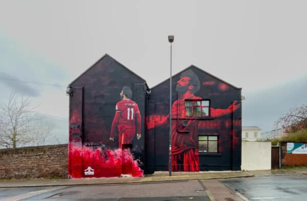 LIVERPOOL, ENGLAND - Wednesday, March 30, 2022: A street art mural of Liverpool's Mohamed Salah in Anfield Road, Liverpool painted by artist John Culshaw. (Pic by David Rawcliffe/Propaganda)