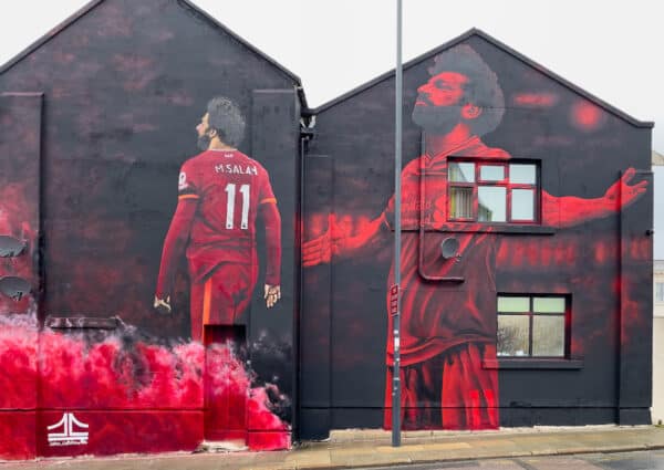 LIVERPOOL, ENGLAND - Wednesday, March 30, 2022: A street art mural of Liverpool's Mohamed Salah in Anfield Road, Liverpool painted by artist John Culshaw. (Pic by David Rawcliffe/Propaganda)