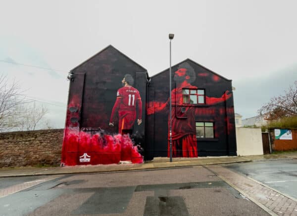 LIVERPOOL, ENGLAND - Wednesday, March 30, 2022: A street art mural of Liverpool's Mohamed Salah in Anfield Road, Liverpool painted by artist John Culshaw. (Pic by David Rawcliffe/Propaganda)