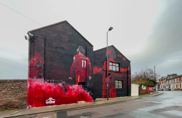 LIVERPOOL, ENGLAND - Wednesday, March 30, 2022: A street art mural of Liverpool's Mohamed Salah in Anfield Road, Liverpool painted by artist John Culshaw. (Pic by David Rawcliffe/Propaganda)