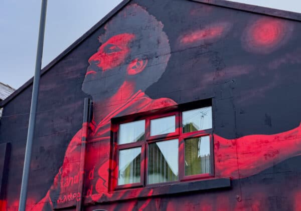 LIVERPOOL, ENGLAND - Wednesday, March 30, 2022: A street art mural of Liverpool's Mohamed Salah in Anfield Road, Liverpool painted by artist John Culshaw. (Pic by David Rawcliffe/Propaganda)