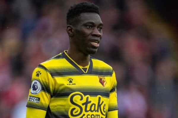 LIVERPOOL, ENGLAND - Saturday, April 2, 2022: Watford's Ismaïla Sarr looks dejected after missing a chance during the FA Premier League match between Liverpool FC and Watford FC at Anfield. Liverpool won 2-0. (Pic by David Rawcliffe/Propaganda)