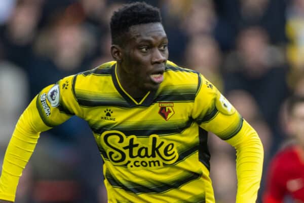 LIVERPOOL, ENGLAND - Saturday, April 2, 2022: Watford's Ismaïla Sarr during the FA Premier League match between Liverpool FC and Watford FC at Anfield. Liverpool won 2-0. (Pic by David Rawcliffe/Propaganda)