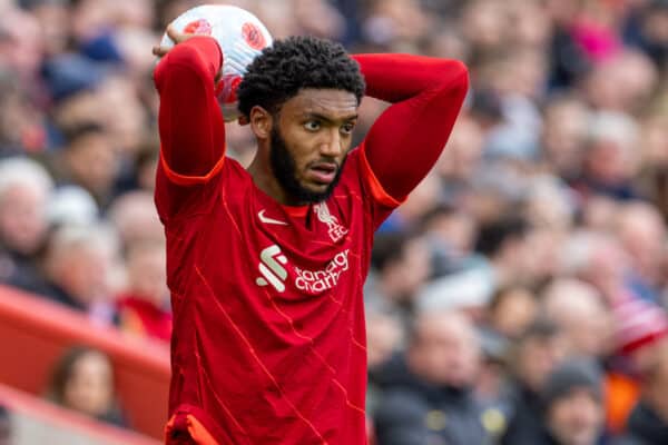 LIVERPOOL, ENGLAND - Saturday, April 2, 2022: Liverpool's Joe Gomez takes a throw-in during the FA Premier League match between Liverpool FC and Watford FC at Anfield. Liverpool won 2-0. (Pic by David Rawcliffe/Propaganda)