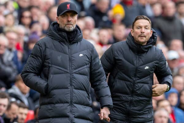 LIVERPOOL, ENGLAND - Saturday, April 2, 2022: Liverpool's manager Jürgen Klopp (L) and first-team development coach Pepijn Lijnders during the FA Premier League match between Liverpool FC and Watford FC at Anfield. Liverpool won 2-0. (Pic by David Rawcliffe/Propaganda)