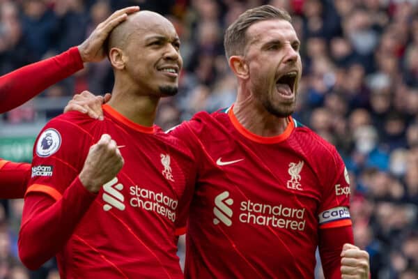 LIVERPOOL, ENGLAND - Saturday, April 2, 2022: Liverpool's Fabio Henrique Tavares 'Fabinho' (C) celebrates with team-mates Roberto Firmino (L) and captain Jordan Henderson (R) after scoring the second goal during the FA Premier League match between Liverpool FC and Watford FC at Anfield. Liverpool won 2-0. (Pic by David Rawcliffe/Propaganda)