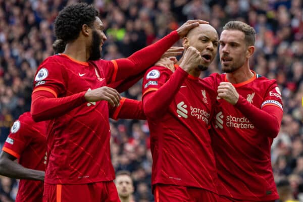 LIVERPOOL, ENGLAND - Saturday, April 2, 2022: Liverpool's Fabio Henrique Tavares 'Fabinho' (C) celebrates with team-mates Joe Gomez (L) and captain Jordan Henderson (R) after scoring the second goal during the FA Premier League match between Liverpool FC and Watford FC at Anfield. Liverpool won 2-0. (Pic by David Rawcliffe/Propaganda)