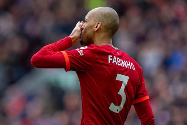 LIVERPOOL, ENGLAND - Saturday, April 2, 2022: Liverpool's Fabio Henrique Tavares 'Fabinho' celebrates after scoring the second goal during the FA Premier League match between Liverpool FC and Watford FC at Anfield. Liverpool won 2-0. (Pic by David Rawcliffe/Propaganda)